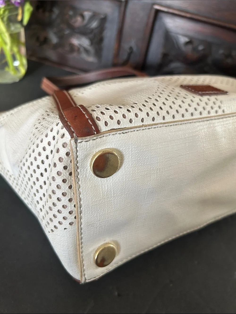 Fossil Cream and Brown Perforated Dot Tote